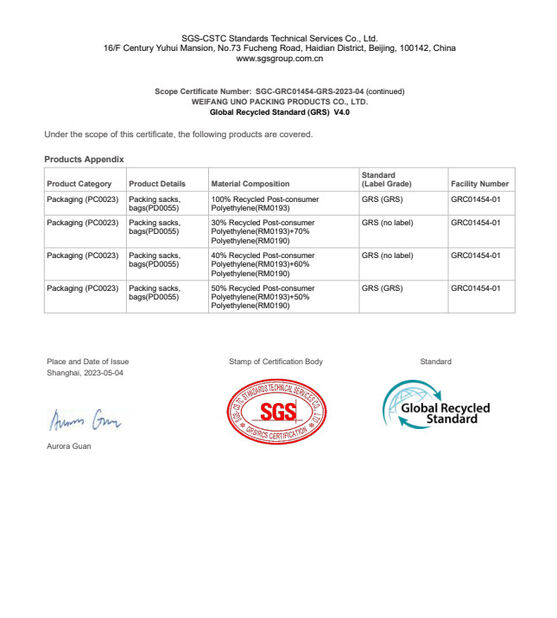 چین WEIFANG UNO PACKING PRODUCTS CO.,LTD گواهینامه ها