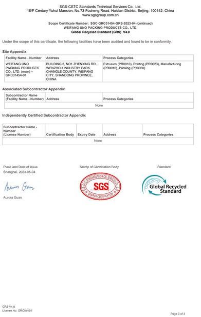 چین WEIFANG UNO PACKING PRODUCTS CO.,LTD گواهینامه ها